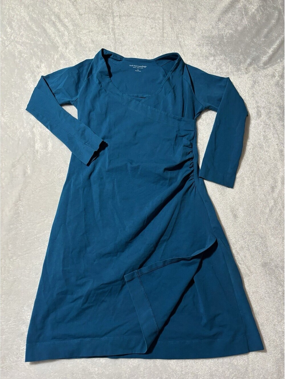 Soft Surroundings Faux Wrap Dress Size PS Dark Blue Ruched Side Wear Anywhere